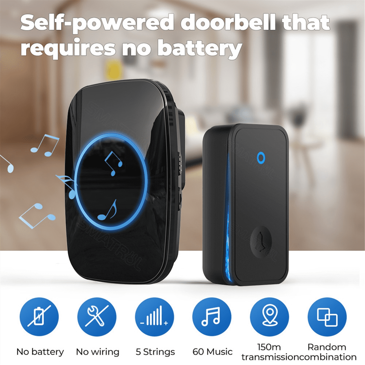 Self Powered Wireless DoorBell No Battery Waterproof Door Bell for Kids Elderly Caller 1 Button 2 Receiver US PLUG