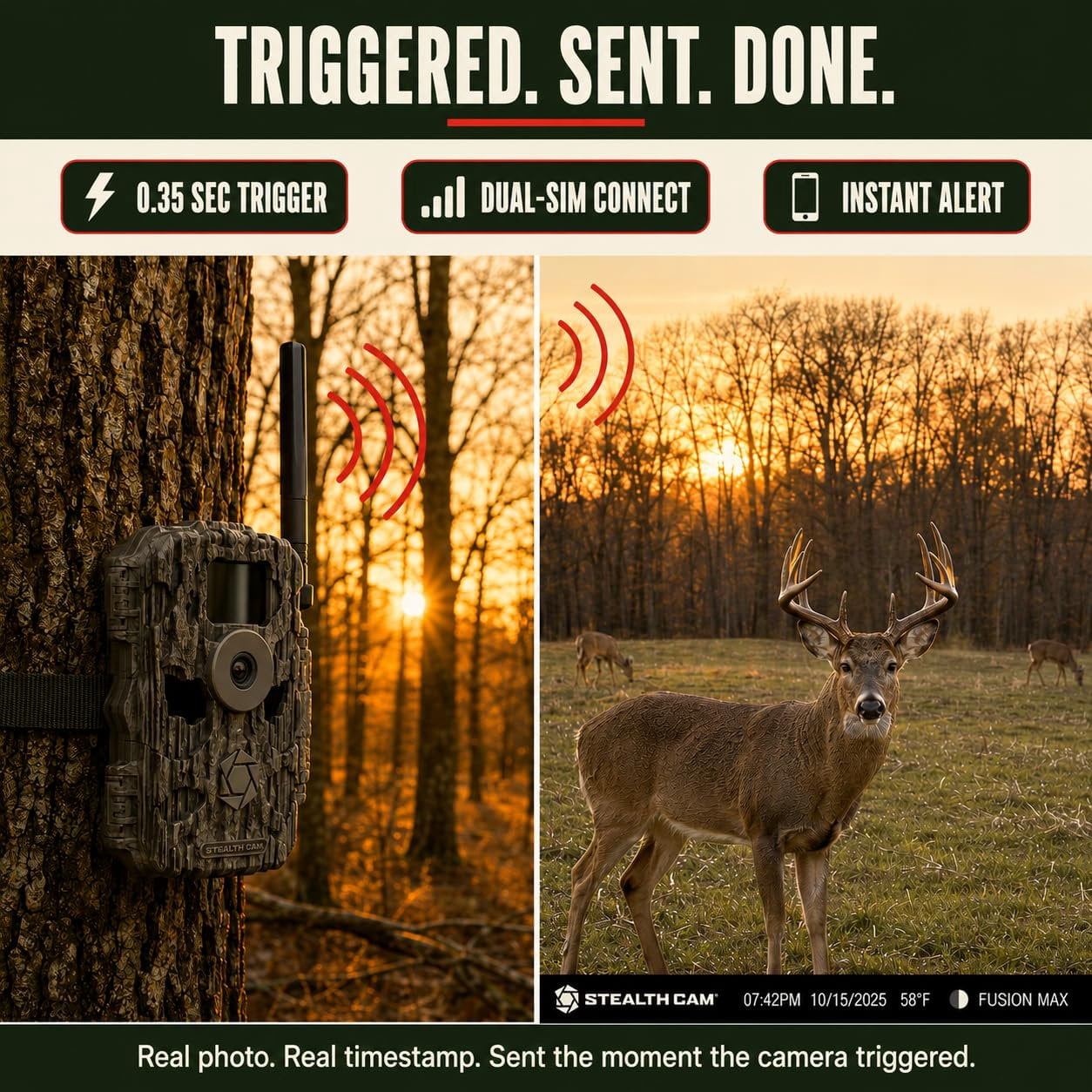 Stealth Cam Fusion MAX 36MP Cellular Trail Camera with Dual SIM AT&T & Verizon, 0.35s Trigger, 1080P Video, App Control, Includes Solar Panel, SD Card, & Cleaning Cloth 2PK