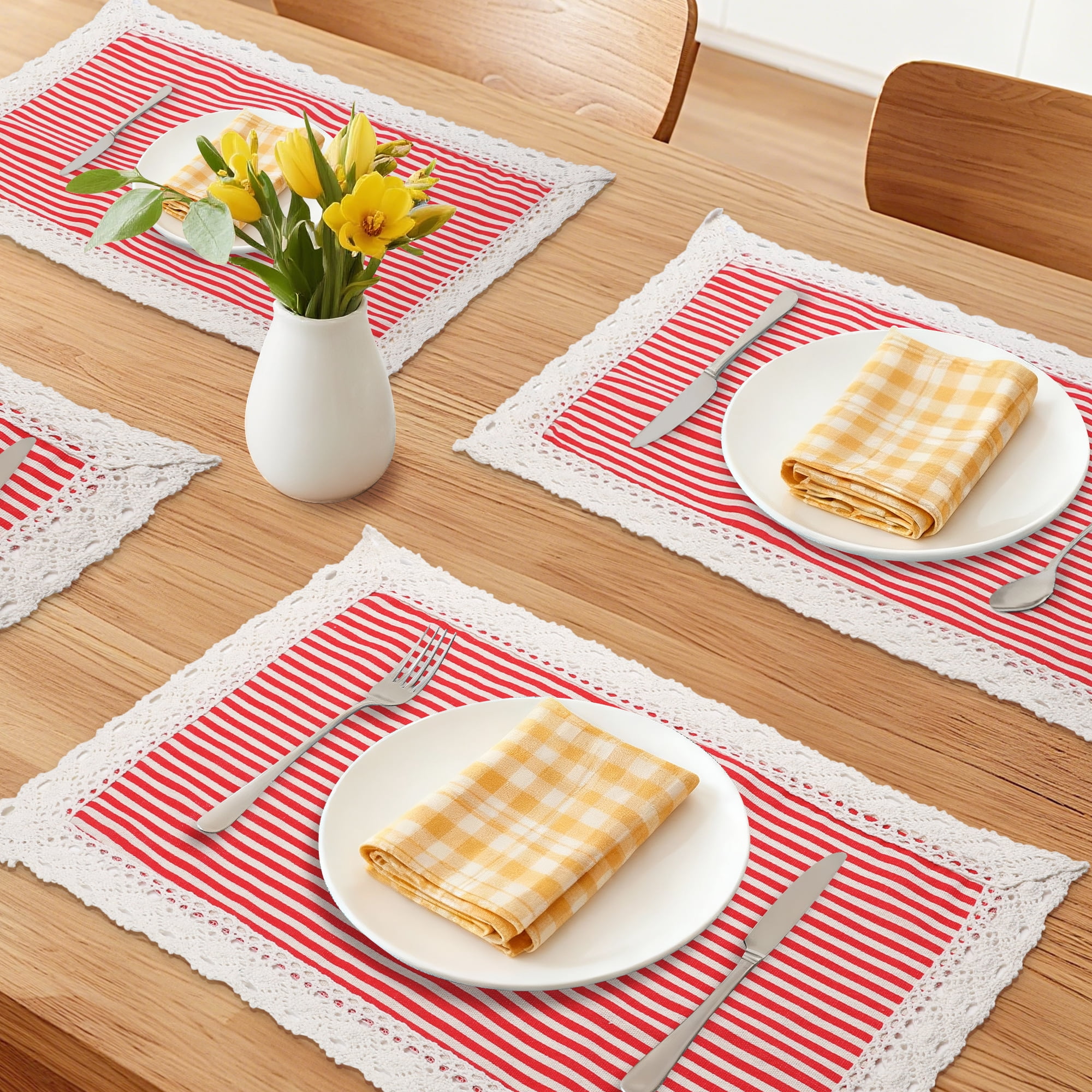Unique Bargains Set of 6 Rustic Washable Table Mat Placemats with Lace Trim Red