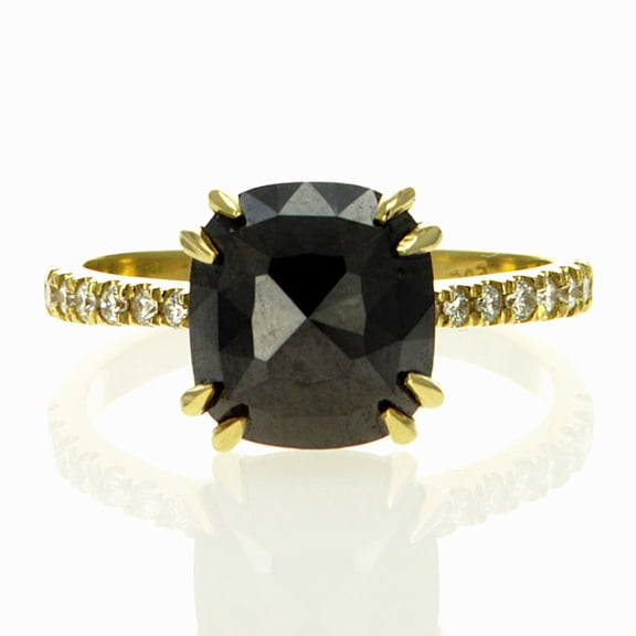 Black Diamond Engagement Ring With Accents 14K Yellow Gold Cushion Cut 3.68 TCW