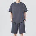 thumbnail image 2 of BVOFAR Mens Workout 2 Piece Outfits Big and Tall Moisture Wicking Short Sleeve Shirts and Drawstring Running Shorts Lightweight Summer Tracksuits Cooling Athletic Sets Dark Gray L, 2 of 7
