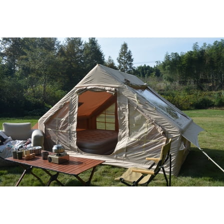 iCapeson 4-6 Person Hot Tent with Stove Jack, 5-Min Easy Setup Inflatable Glamping Tent, All-Season Waterproof Windproof Blow Up Air Tent, High-Performance 300D Fabric (Beige)
