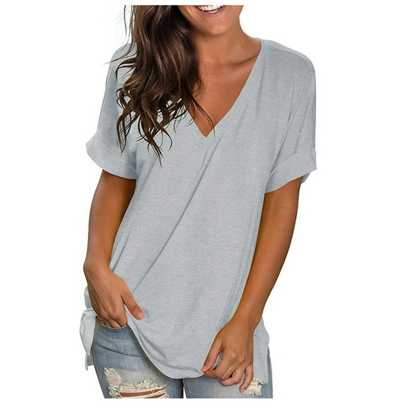 Women's V Neck T-Shirt Summer Short Sleeve Side Split Plain Tunic Tops Casual Comfort Solid Color Loose Tee Shirts