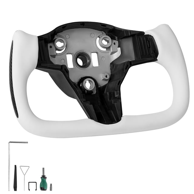 KFFKFF Volant pour Tesla Model 3 2016-2023, Volant en Fibre de Carbone en Forme de D avec Fonction Chauffage, Poignée en Cuir avec Texture Antidérapante, Blanc