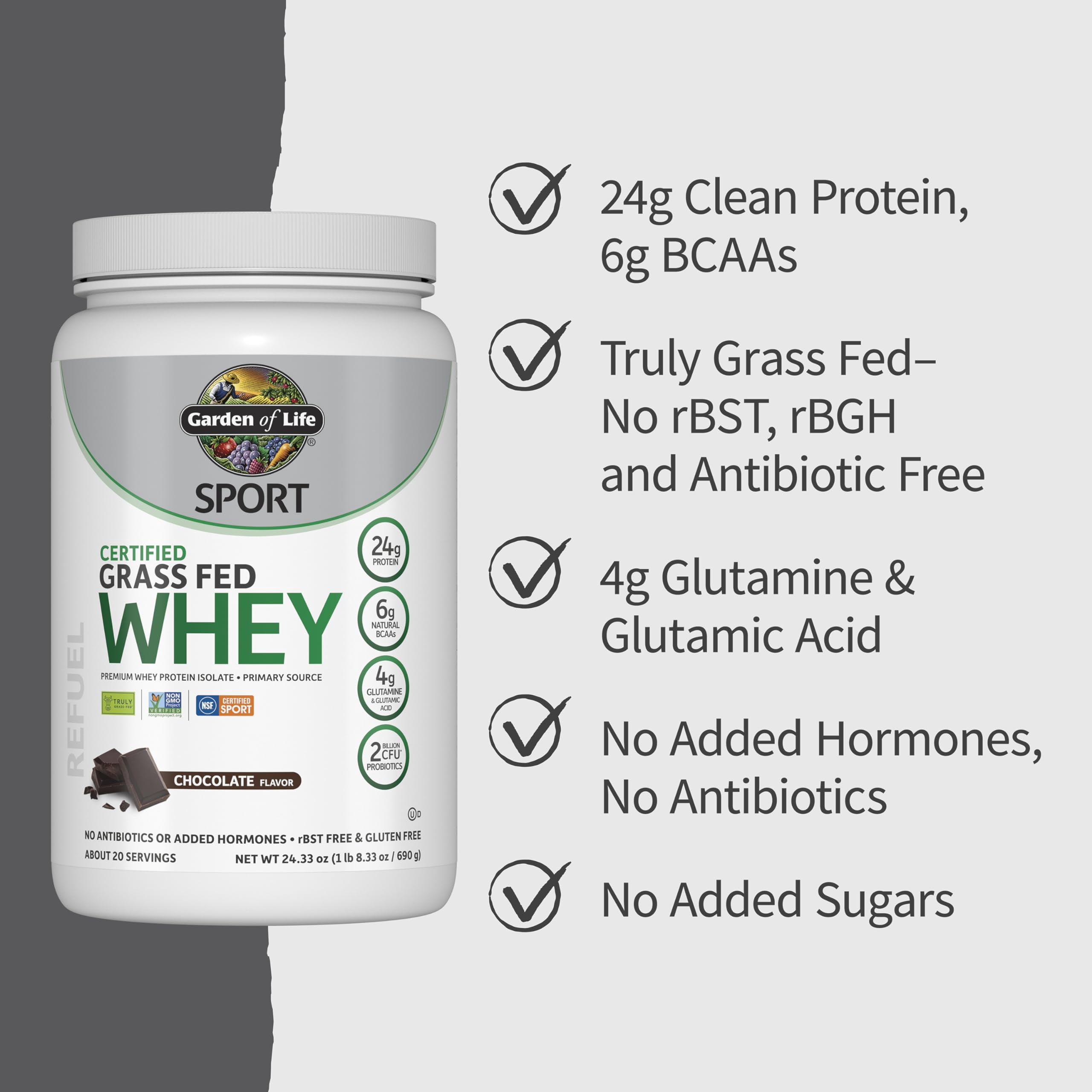 Garden of Life SPORT Certified Grass Fed Whey, Chocolate, 20 Servings