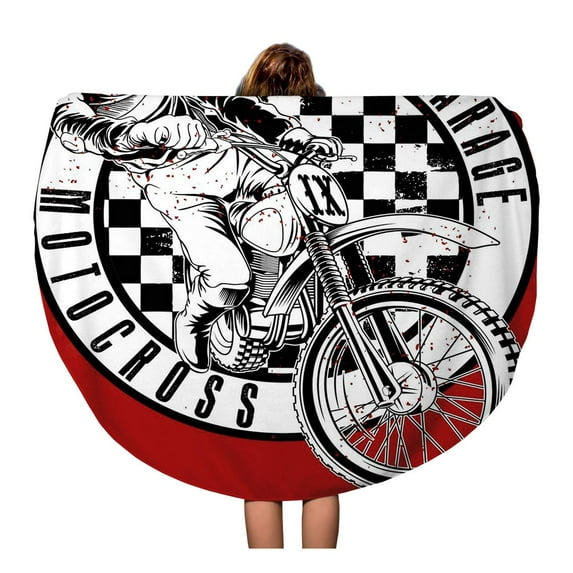 SIDONKU 60 inch Round Beach Towel Blanket Motocross Skull and Vintage Motorcycle Garage Circuit Man Old Travel Circle Circular Towels Mat Tapestry Beach Throw