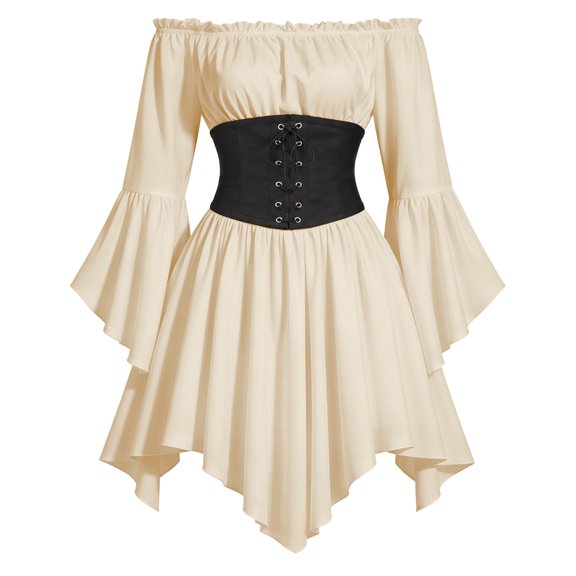 2026 Women Renaissance Dress, Pirate Style High Waist Dress with Corset Belt Irregular Hem for Halloween Holiday Party Stage Show