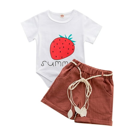 

Fesfesfes Toddler Kids Baby Girl Strawberry Letter Print Tops + Shorts Outfits Set Clothes