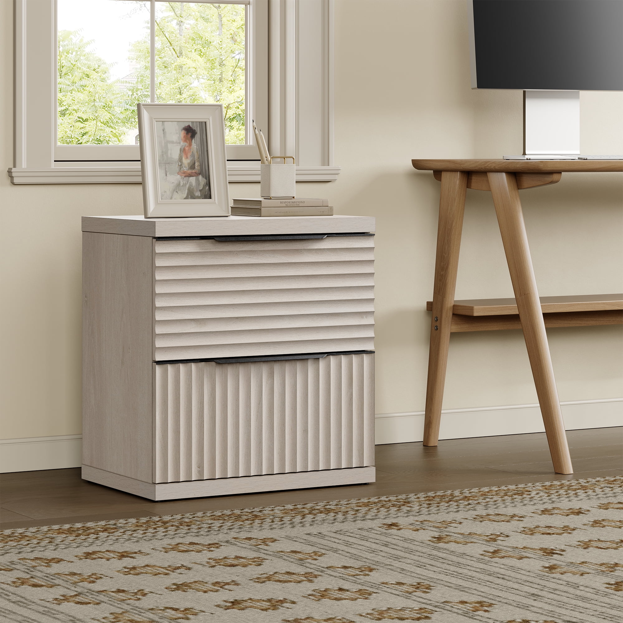 SICOTAS Modern Fluted 2 Drawer Nightstands Set of 2, Small Wooden Bedside Tables with Drawers & Black Handles, End Table for Bedroom, Living Room in Light Grey
