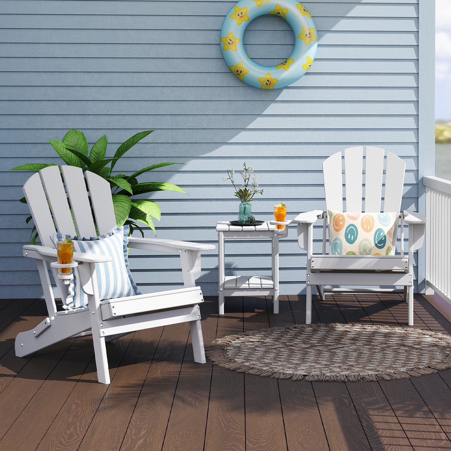FURRYFECTION Folding Adirondack Chair with Cup Holder,All-Weather HDPE Outdoor Fir Pit Chairs for Patio Garden Backyard,White