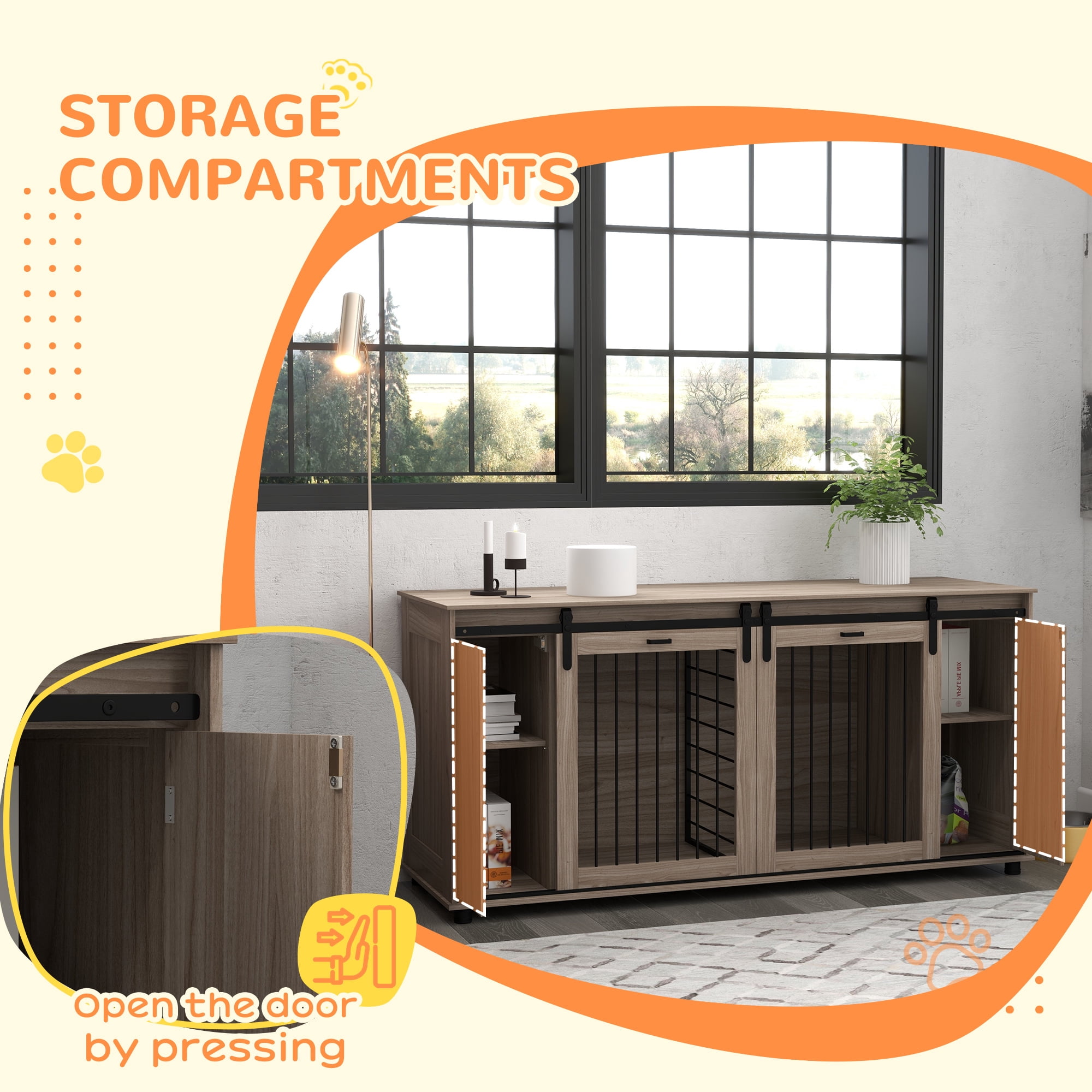 PawHut 71" Dog Crate Furniture with Removable Divider for 2 Small Dogs or 1 Large Dog, Dog Kennel Furniture with Storage, Double Doors