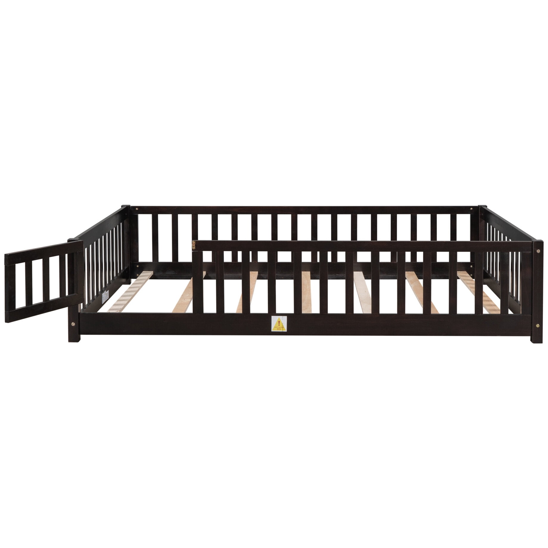 Kids Full Montessori Playpen Floor Bed Frame with Safety Guardrail Fence and Door for Boys Girls Toddlers Baby, 200lbs Load 79.5x41.8x17.5inch, Espresso
