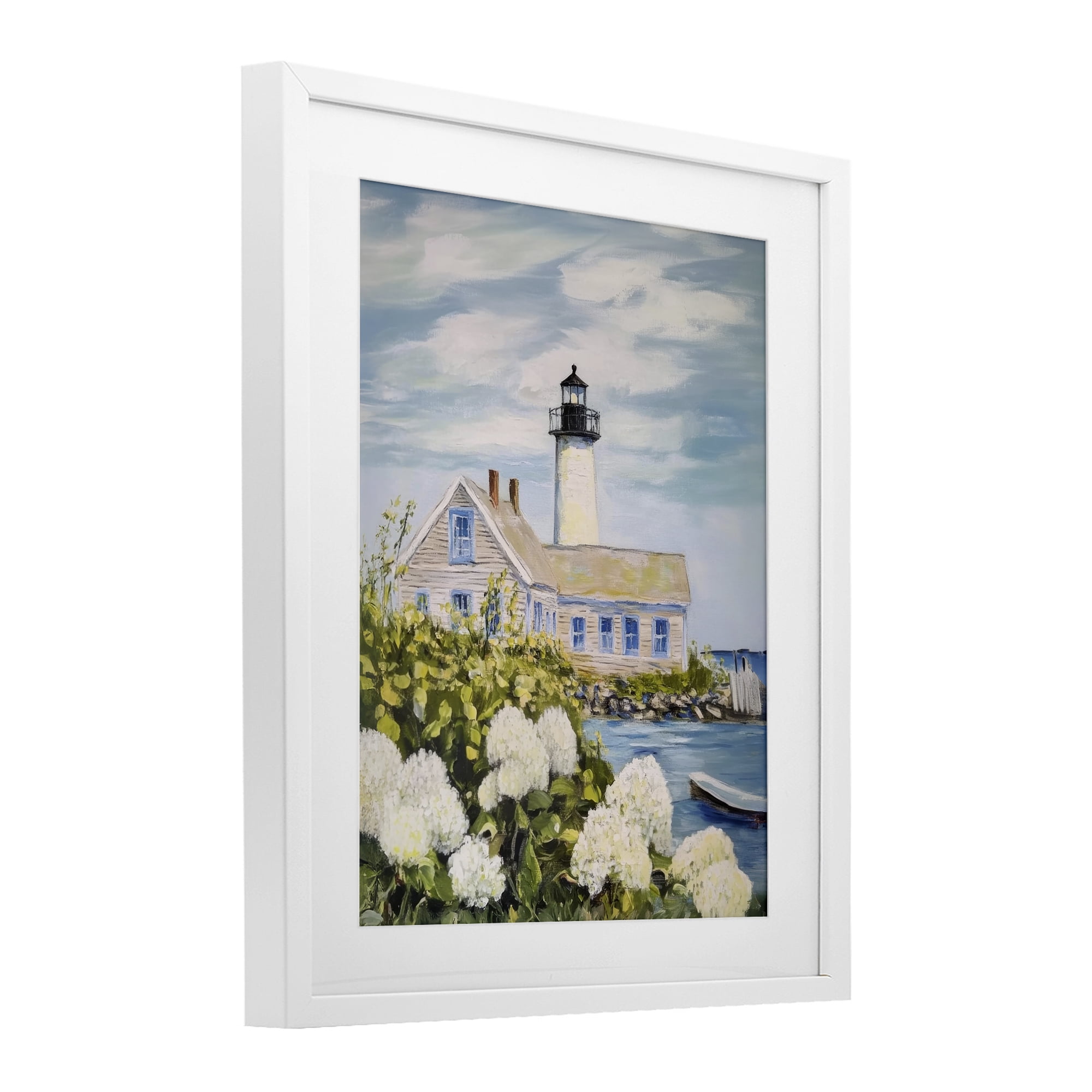 Stupell Industries Lighthouse Scenery with Hydrangeas White Framed Print Under Glass, design by Sisi and Seb