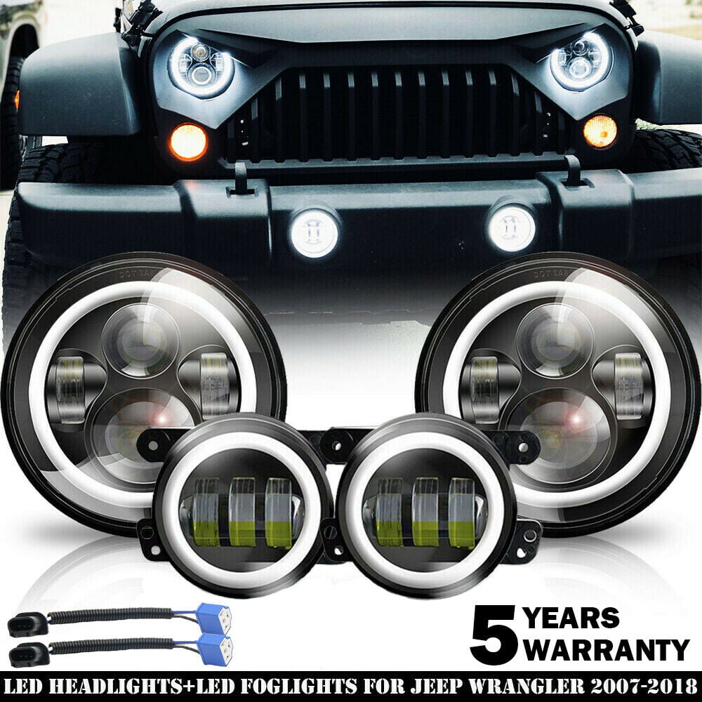 DOT 7 Inch LED Headlights W/ White Halo Fog Light Combo set For Jeep JK  07-18 