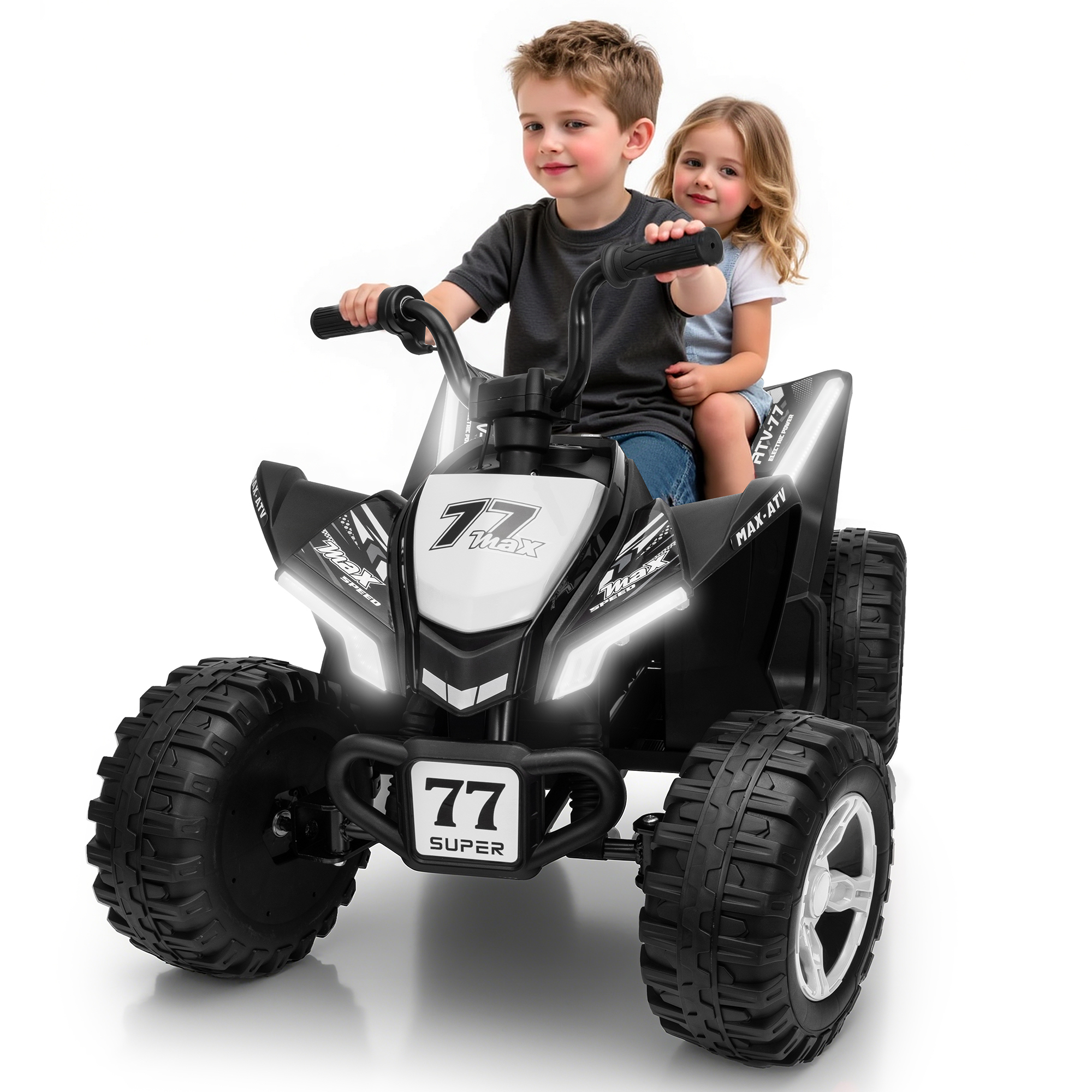 Kids ATV 4 Wheeler, Two Seater 24V Ride On Toy for Big Kid w/Unique LED Light, Music, Wireless, Story, 24 Volt Ride on Car Electric Quad for Boys Girls, White