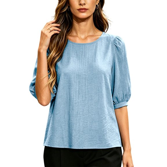 Vivianyo HD Women's Crew Neck Textured Blouse, Puff Short Sleeve Solid Loose Casual Summer Shirts for Women, Women's Blue, Sizes S-2XL