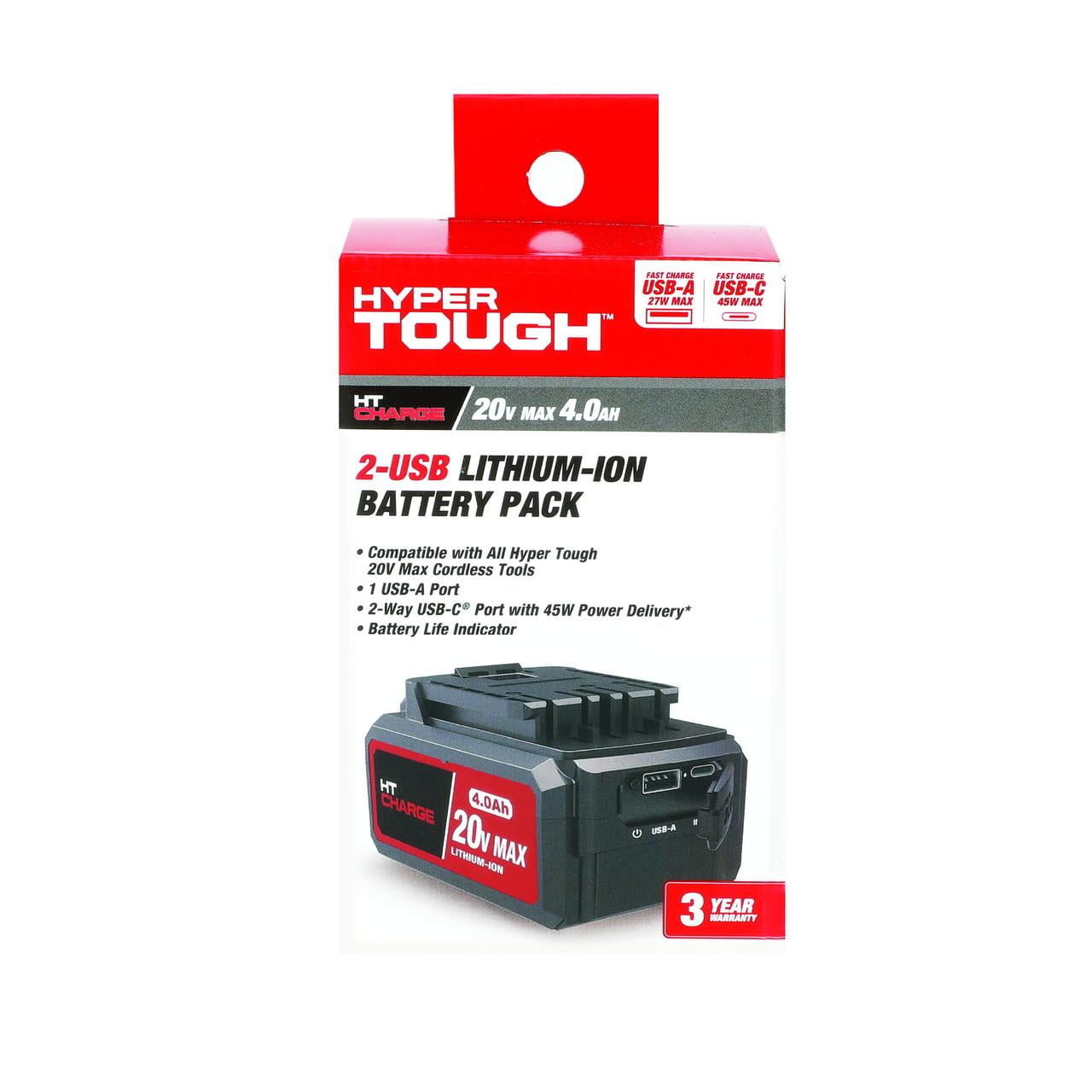 Hyper Tough 20V Lithium-Ion 4.0Ah Rechargeable Battery with USB-C