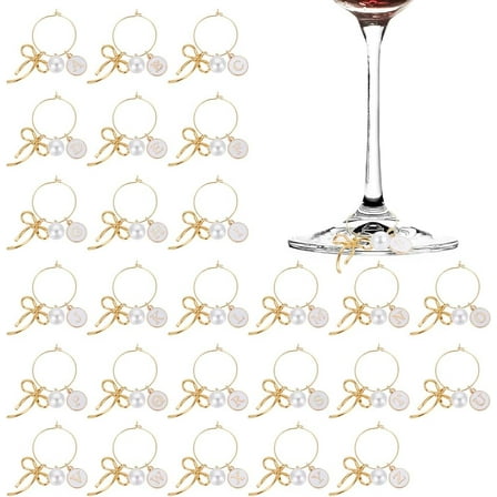 26Pcs Wine Glass Charms Markers Tags with Letter A~Z Charms and Golden Bowknot Charm for Stem Glasses Drink Markers Wine Charm Rings for Bachelorette Tasting Party Favors Decorations