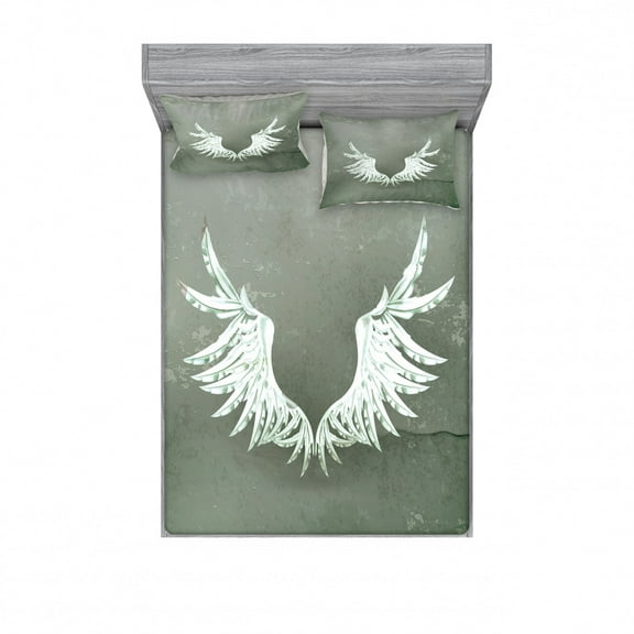 Ambesonne Abstract Fitted Sheet & Pillow Sham Set, Coat of Arms Wings, Queen, Grey White