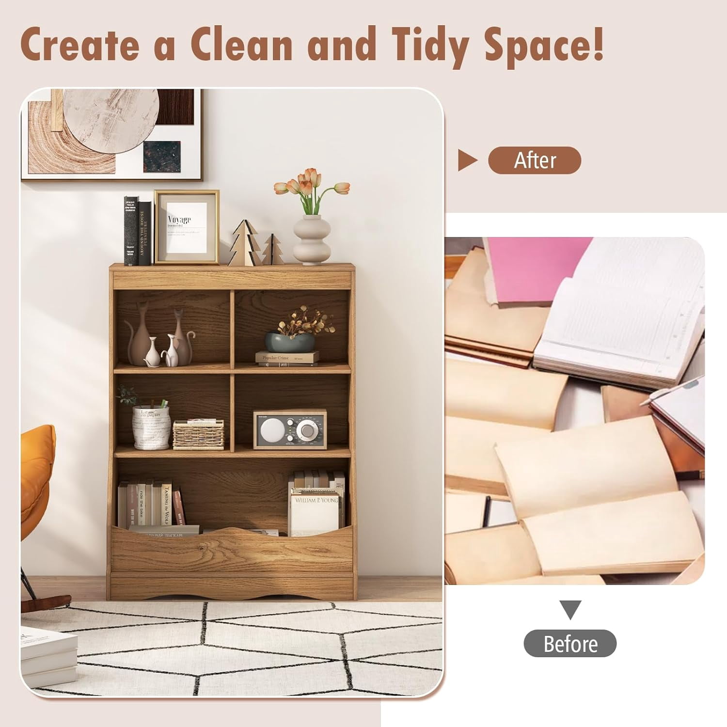 LINJH Storage Cabinet, Small Bookshelf, Short Bookcase with 4 Open Cube & Bottom Compartment, Anti-Tipping Device, Foot Pads, Cubby Storage Organizer for Study, Living Room-Natural