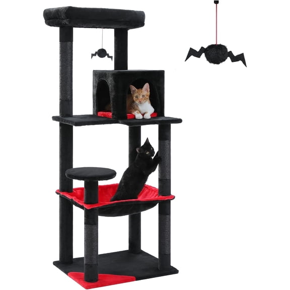 PETEPELA 56.3" Gothic Cat Tree for Indoor Cats, Tall Cat Tower with Super Large Hammock (20"X16"), Sisal Covered Scratching Posts, Cozy Condo and Top Perch Black