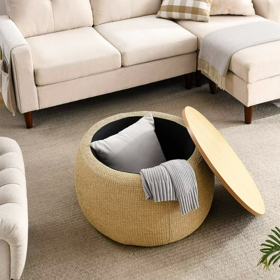 Round Storage Ottoman with Wooden Lid, 3 in 1 Function Ottoman Coffee Table Side Table, Handmade End Table Ottoman Footstool for Living Room, Bedroom,Natural