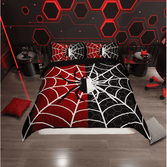 Erosebridal Hippie Black White Spider Duvet Cover Twin, Spider Web Print Bedding Sets Twin Size, Red Halloween Room Decor, Reversible 2-Piece (No Comforter)