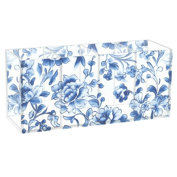 Pen Holder 4 Compartments Acrylic Pencil Cup Desktop Makeup Organizer Office Supplies Blue and White Porcelain Floral