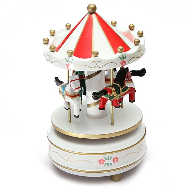 Kids Funny Wooden MerryGoRound Musical Box 4Horse Figurine Rotating