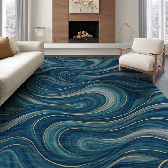 ODIKA 8'x10' Washable Area Rug Non-Slip Chair-Friendly Mat Beige Contemporary That Fluid Swirling Motifs Gilded Details for Dining Room, Large Office, Lounge