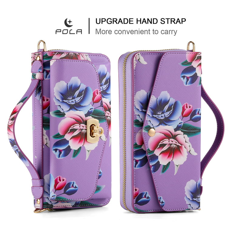 for iPhone 15 Pro Max Wallet Case - Magnetic Detachable Back Case with RFID  Blocking Card Holder, Hand Strap & Crossbody Strap, Floral Flower PU
