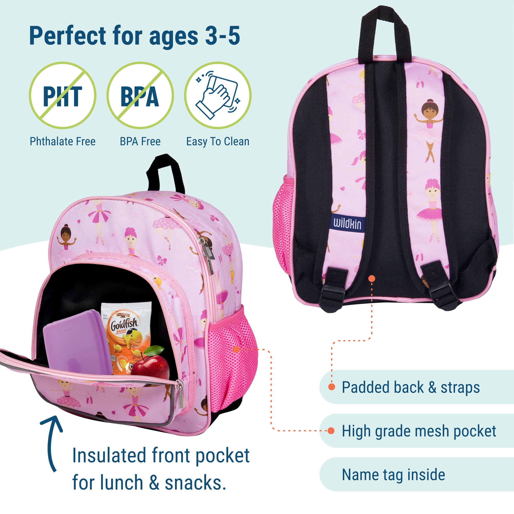 Wildkin Kids 12 Inch Backpack for Toddler Boys and Girls, Insulated Front Pocket (Ballerina Pink)