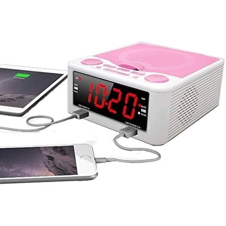 HX-300CD Top Loading CD Player, PLL FM Radio, Digital Clock, 1.2 Red LED Display, Dual Alarms, Dual USB Ports for 2.1A and 1A Charging, AC/DC Adaptor Included (White_Pink)