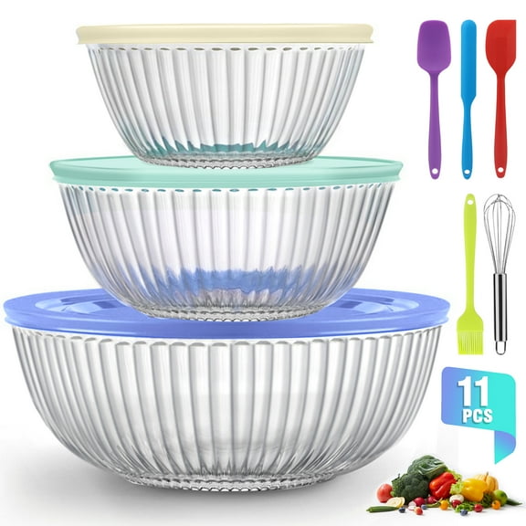 Glass Mixing Bowls Set, AOKIWO 11 Packs 3 Size Glass Nesting Mixing Bowl with BPA-Free Lids & Baking Tools, Kitchen Storage Bowls for Prep, Baking, Serving