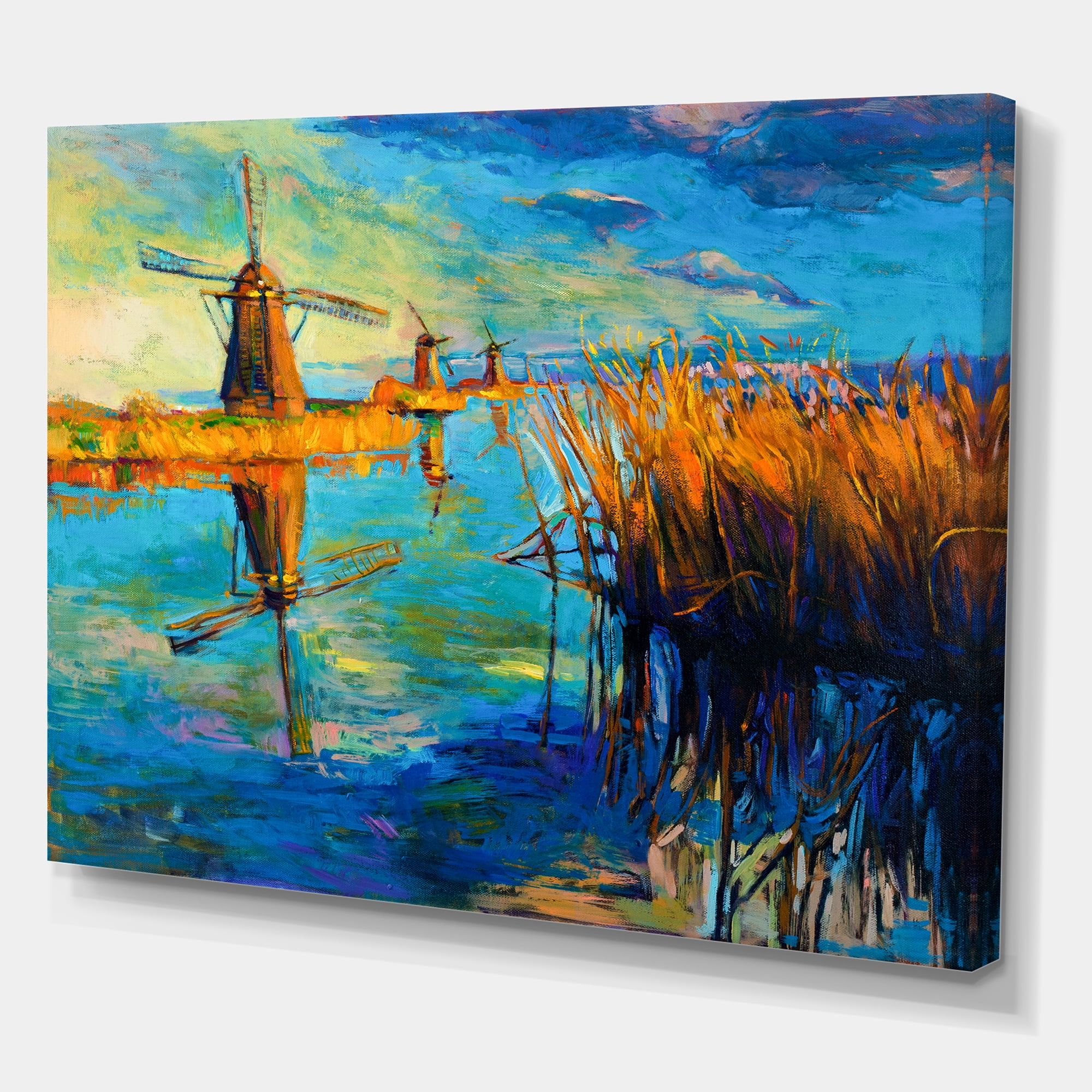 Designart ' The Deep Blue Lake And Windmills ' Nautical & Coastal Canvas Wall Art Print