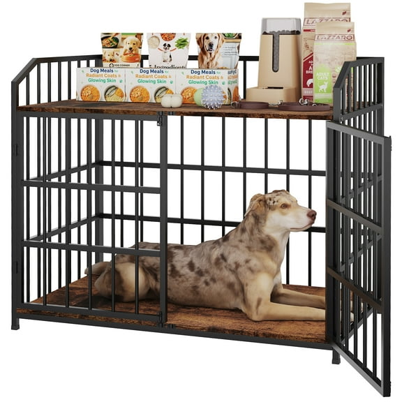 Rustic Wood & Metal Pet Crate Furniture – 46.5" Multi-Functional Dog Kennel with Storage Shelf, Vintage-Style End Table for Living Room & Bedroom