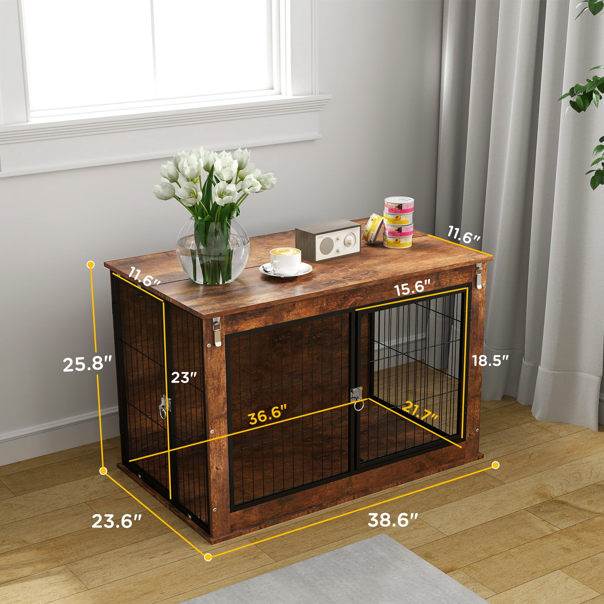 PawHut Dog Crate Furniture, 39" Dog Kennel Furniture with Flip-up Top Opening, 2 Doors, Dog Cage Side End Table for Large Dogs, Rustic Brown