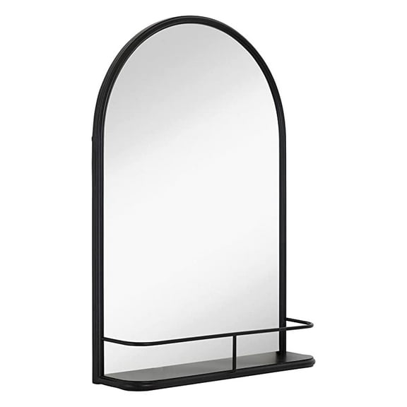 Hamilton Hills 32" x 221/4" Classic Matte Black Rounded Top Metal Shelf Mirror Entryway Vanity Sink Holder Premium Glass