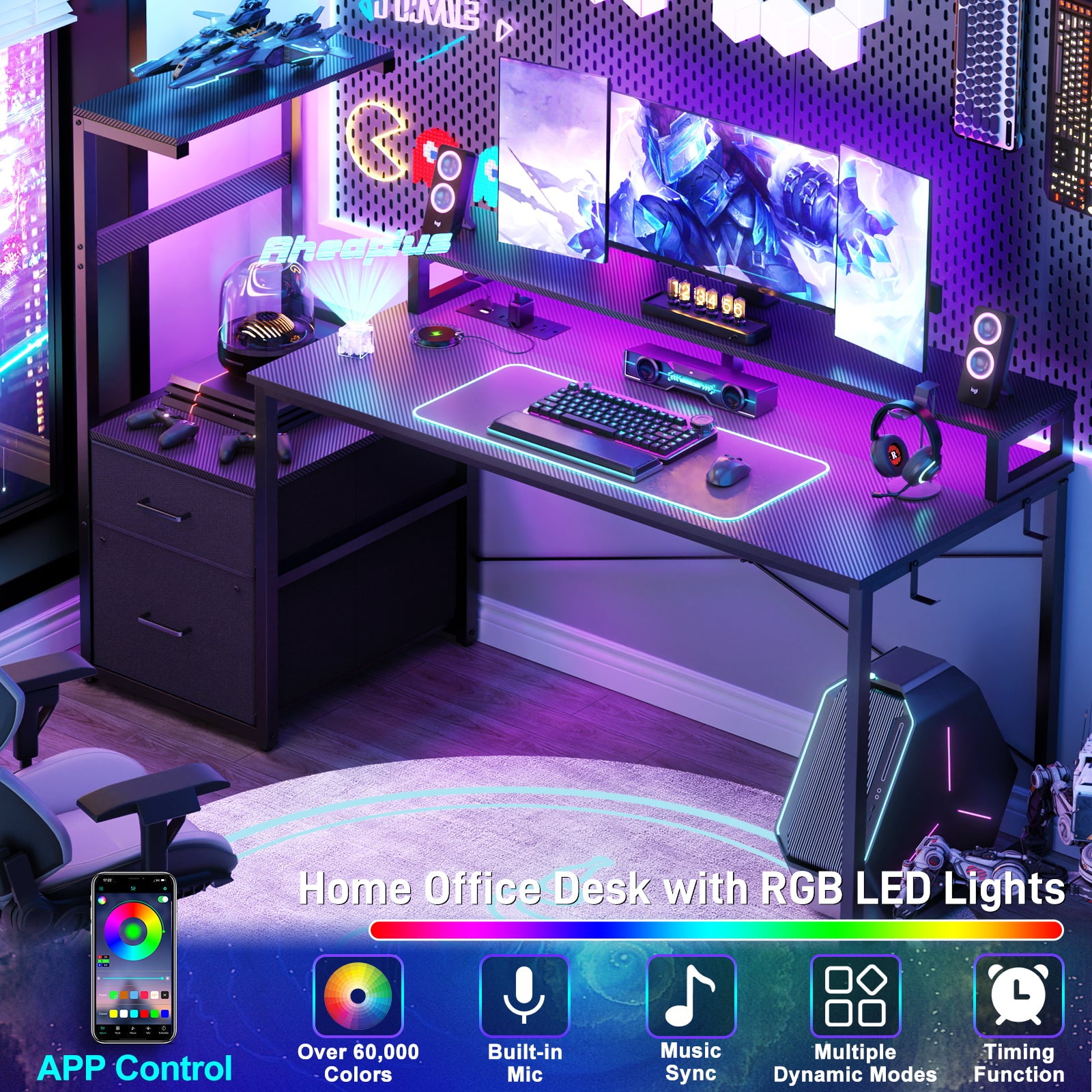Homieasy Gaming Desk with LED Light Strip and Power Outlet, 59 Inch Reversible Computer Gaming Desk with Monitor Stand & Drawers, Black