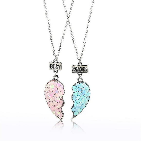 2pcs/set Sequin Stitching Heart Broken Best Friends Necklace Pendant Chain