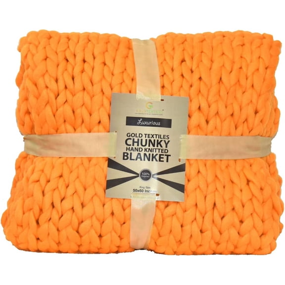 Gold Textiles Chunky Knit Blanket 50x60 Warm Soft Cozy Handmade Knitted Yarn Throw Blanket Orange