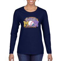 Baseball Mom Cheetah Glitter Sports Womens Graphic Long Sleeve T-Shirt, Navy, Small
