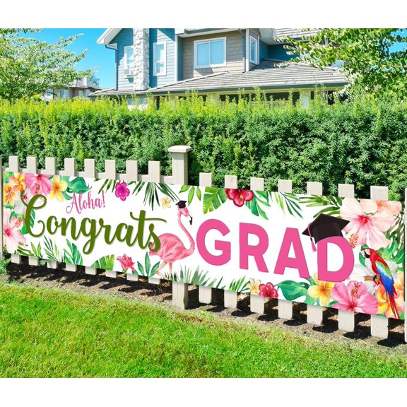 Congrats Grad Banner Graduation Decorations Class of 2025 Large Luau Grad Yard Sign Hawaiian Hanging Grad Backdrop Outdoor/Indoor Tropical 2025 Graduation Party Supplies 118"x 24"