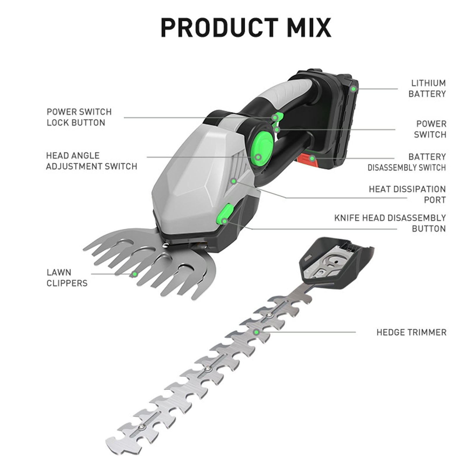 Yajisi 21V Cordless 2‑in‑1 Hedge Trimmer & Grass Shear – 22000rpm, 1.5Ah Li Battery, Dual 5.1” & 8.66” Heads, 60‑min Runtime, Safety Lock, Adjustable 15°‑60° Head