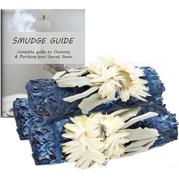 Soul Sticks 3 Pack Blue Moon Floral White Sage Smudge Sticks Bundle with Flowers for Cleansing Home, Meditation, Yoga, Healing and Smudging, Sustainably Sourced California