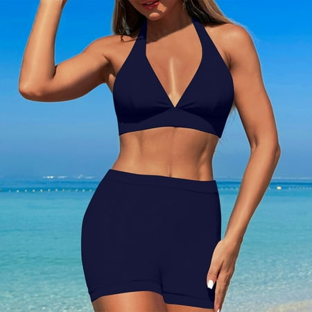 Ovticza Workout Sets for Women Halter Sports Bra High Waist Biker Shorts 2 Piece Yoga Outfits Navy XL
