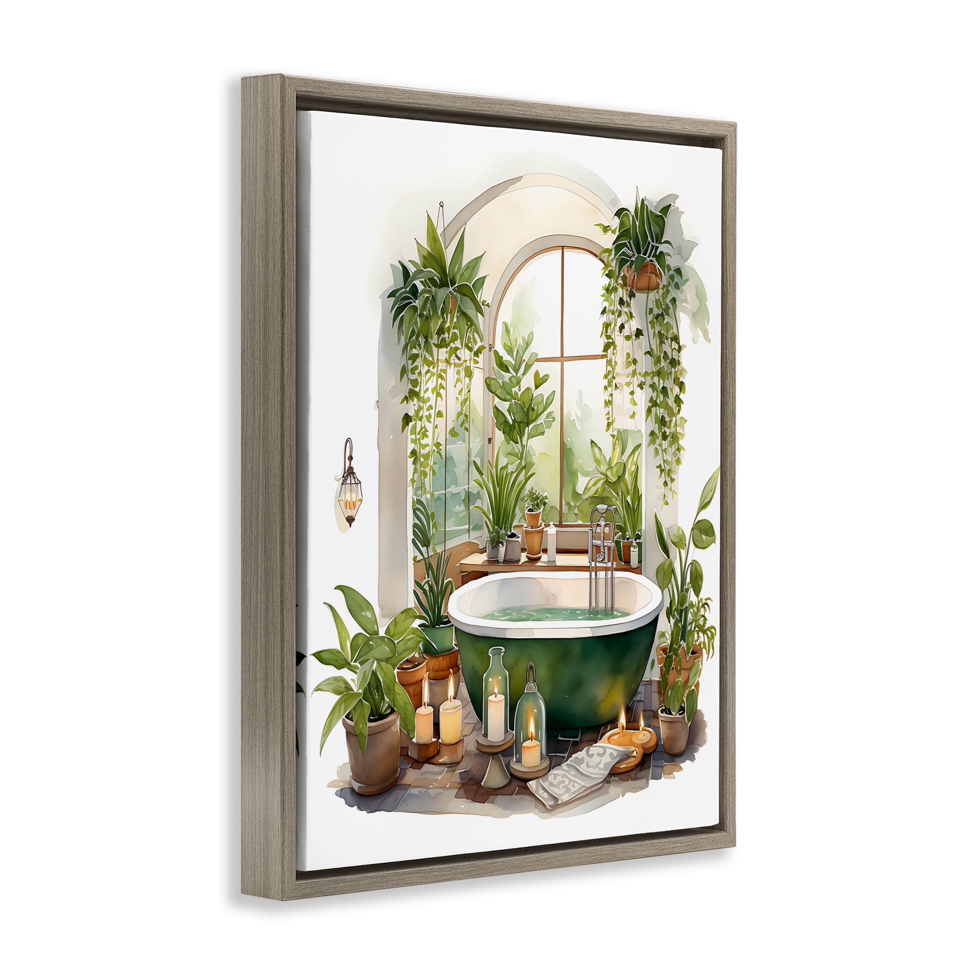 Tranquil Tub with Candles & Greenery Brown Framed Floater Canvas Wall Art, design by Lettered and Lined