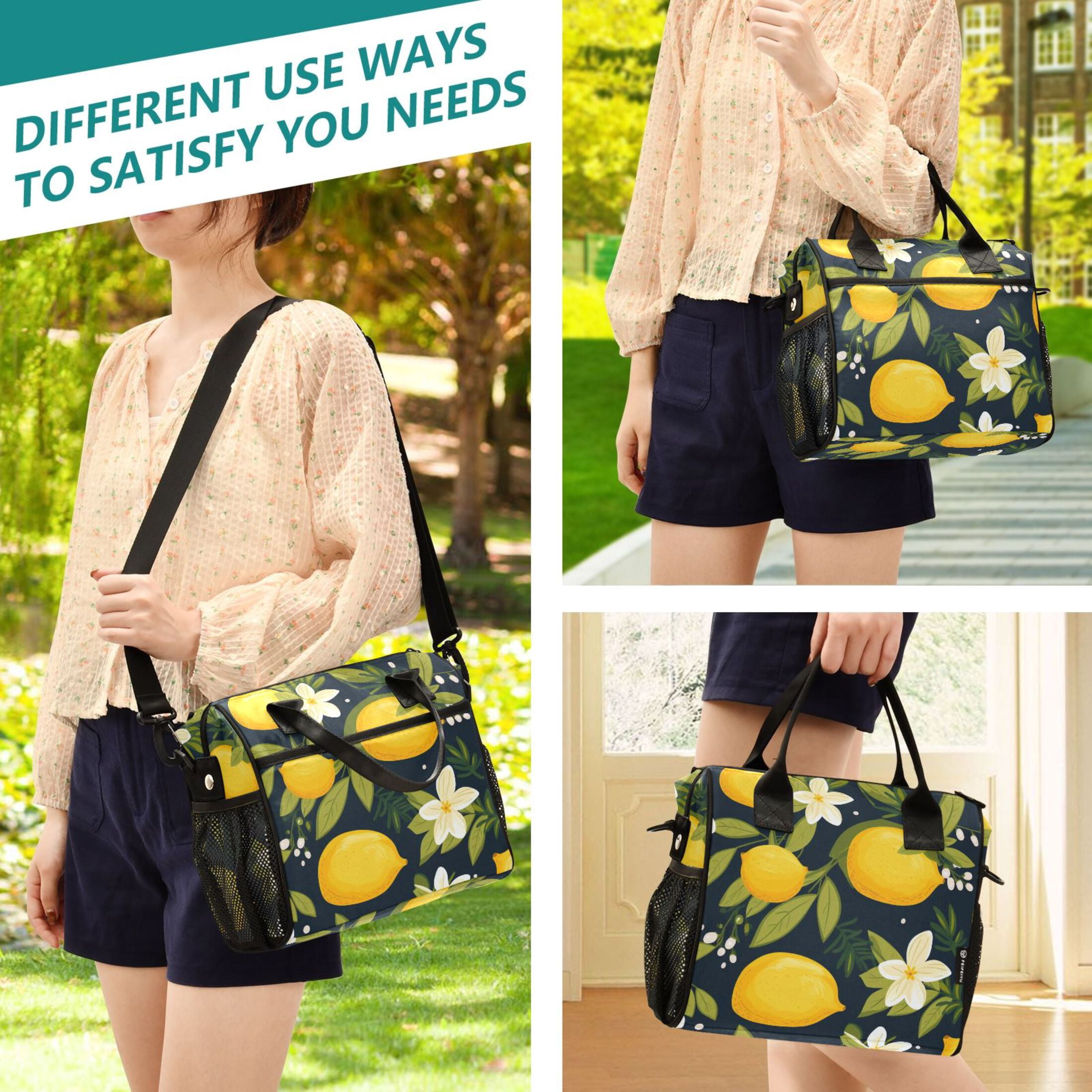 Lemon and Plumeria Flower Lunch Bag Insulated Lunch Box Leakproof Reusable Cooler Tote Adjustable Shoulder Strap for Men Women 12L