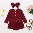 thumbnail image 2 of Vestido Para Niñas, Ropa Para Bebés, Ropa Infantil De Manga Larga, Ropa Acanalada Sólida, Vestido De Pelele, Trajes Con Diadema, Rojo Odeerbi LM103-3040, 2 of 9
