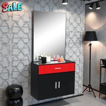 Tcbosik Salon Wall Mount Styling Station with Mirror, Drawer, Large Bottom Storage & 2 Zinc Alloy Tool Holders, Modern Hairdresser Cabinet for Beauty Studio, Spa, Bathroom (Black Red)